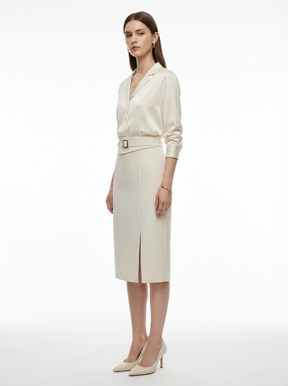 LadyLuxury | Sophisticated High-Waisted Midi Skirt with Belt - Minimalist Tailored Pencil Design