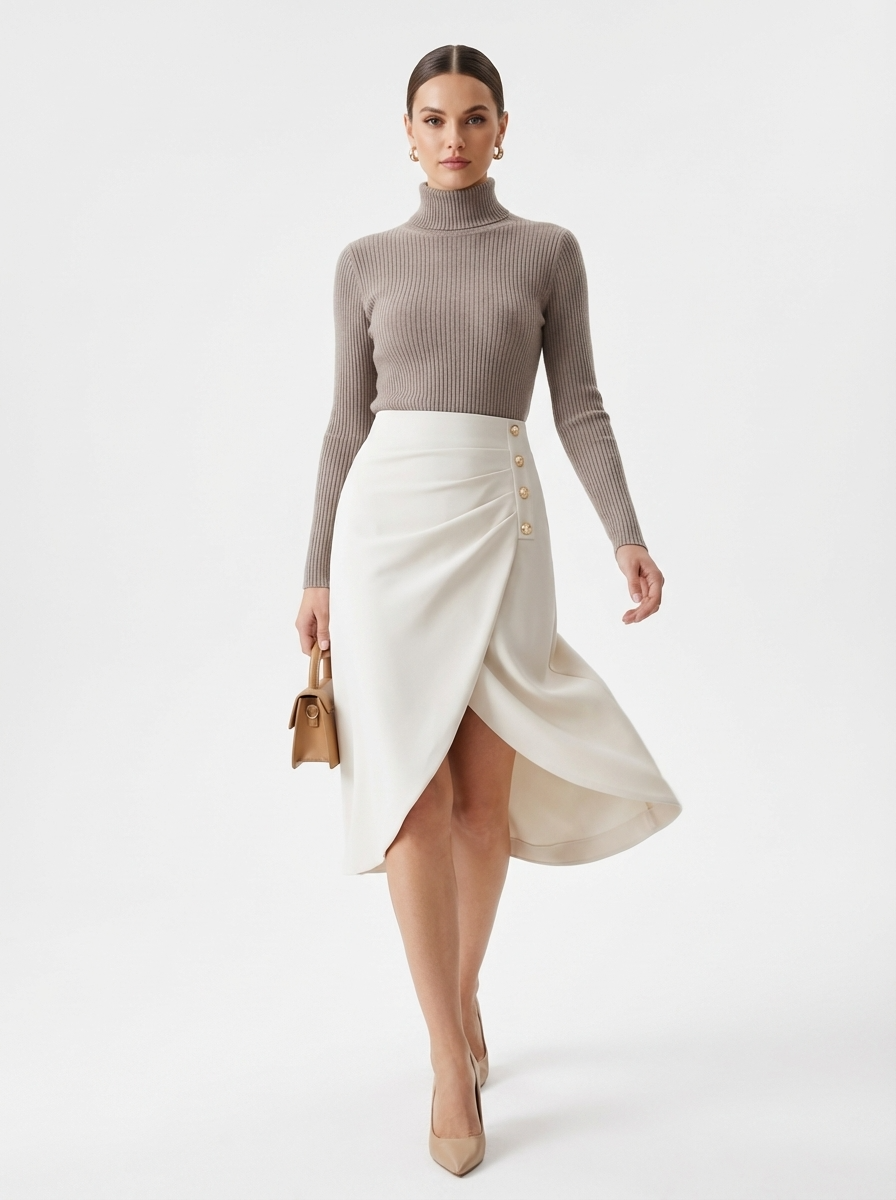 LadyLuxury | Asymmetrical Draped Midi Skirt - Parisian Chic High-Waisted Wrap Skirt
