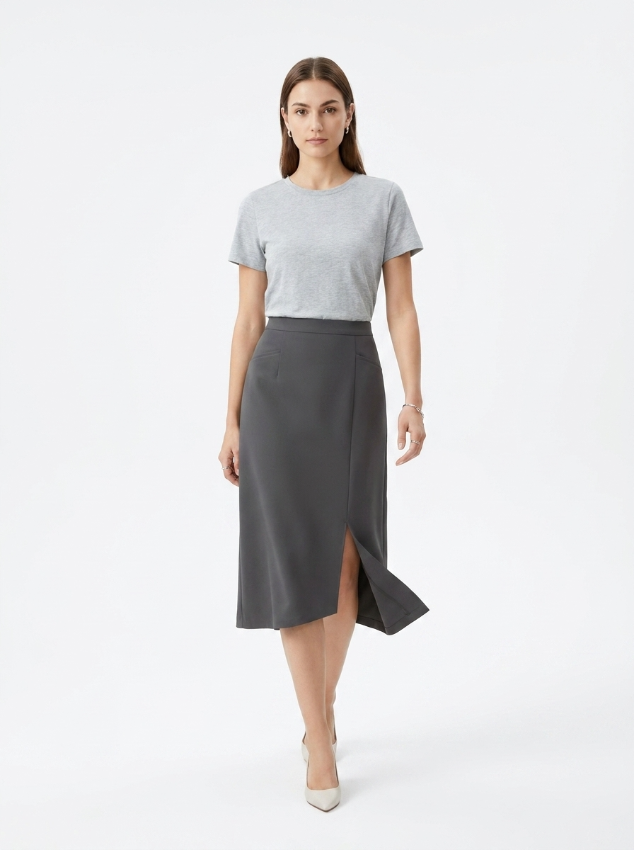 LadyLuxury | High-Waist Asymmetrical Slit Midi Skirt in Slate Grey