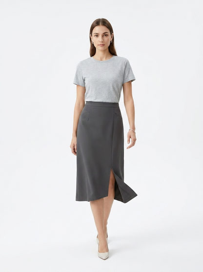 LadyLuxury | High-Waist Asymmetrical Slit Midi Skirt in Slate Grey