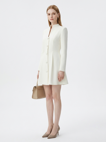 LadyLuxury | Structured A-line Mini Blazer Dress - Split Mandarin Collar - White