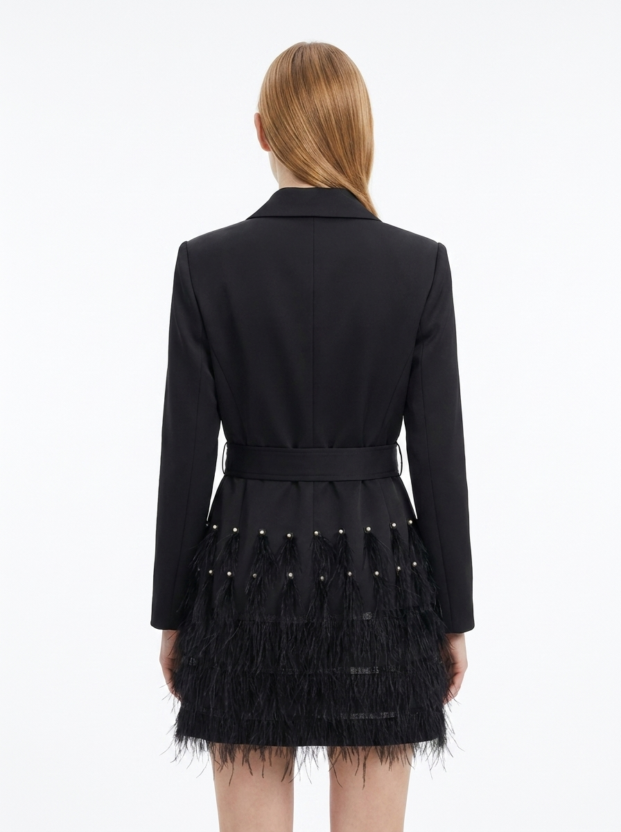 LadyLuxury | Feather-Trimmed Blazer Mini Dress with Rhinestone Buckle Belt