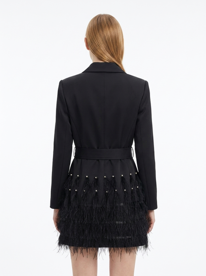 LadyLuxury | Feather-Trimmed Blazer Mini Dress with Rhinestone Buckle Belt