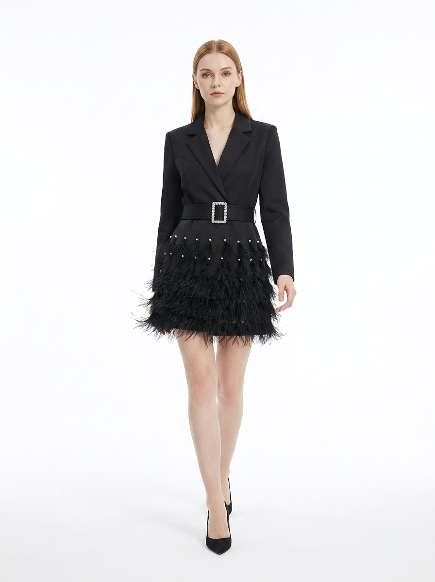 LadyLuxury | Feather-Trimmed Blazer Mini Dress with Rhinestone Buckle Belt