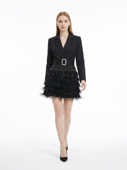 LadyLuxury | Feather-Trimmed Blazer Mini Dress with Rhinestone Buckle Belt