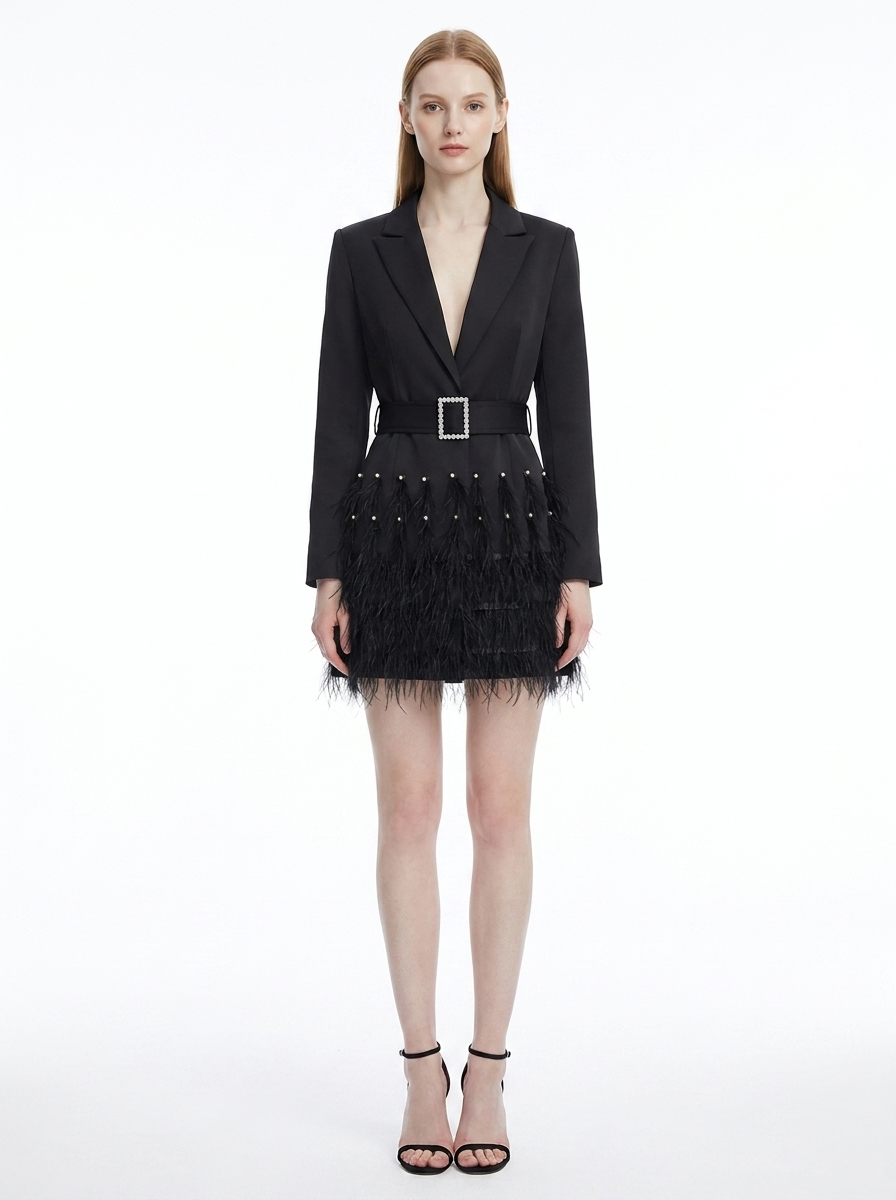 LadyLuxury | Feather-Trimmed Blazer Mini Dress with Rhinestone Buckle Belt
