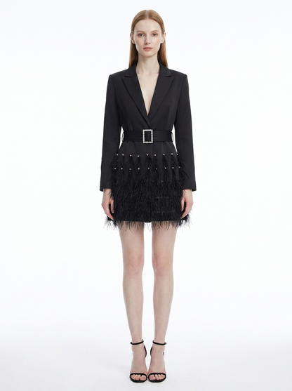 LadyLuxury | Feather-Trimmed Blazer Mini Dress with Rhinestone Buckle Belt