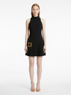 Black sleeveless dress with a unique pocket design on a white background