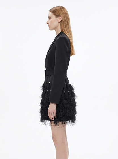 LadyLuxury | Feather-Trimmed Blazer Mini Dress with Rhinestone Buckle Belt