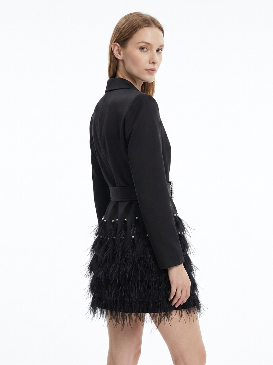 LadyLuxury | Feather-Trimmed Blazer Mini Dress with Rhinestone Buckle Belt