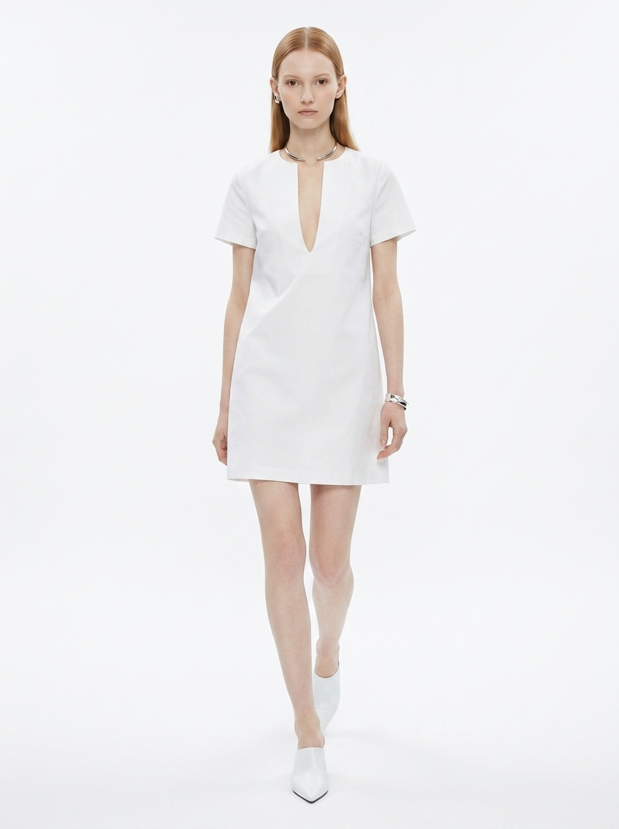 LadyLuxury | Minimalist V-Neck Mini Shift Dress in Structured Cotton Poplin