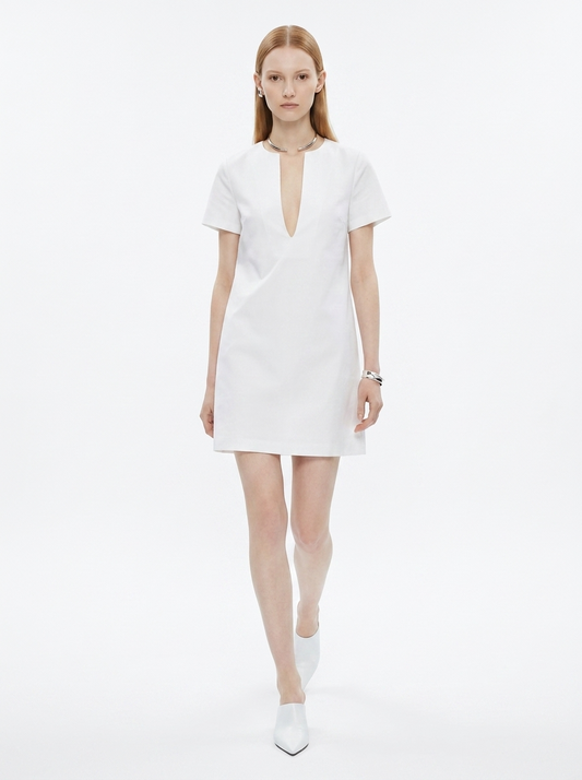 LadyLuxury | Minimalist V-Neck Mini Shift Dress in Structured Cotton Poplin