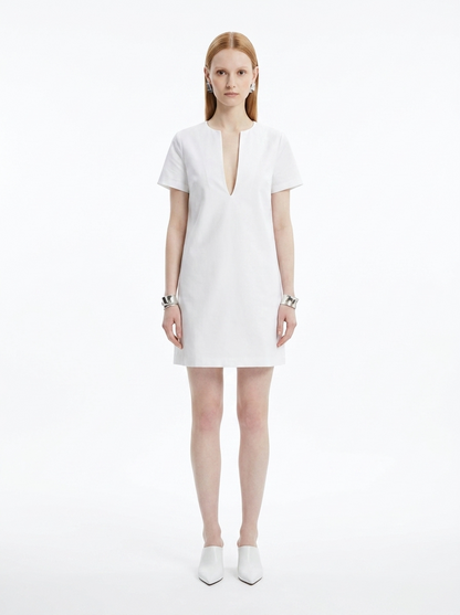 LadyLuxury | Minimalist V-Neck Mini Shift Dress in Structured Cotton Poplin