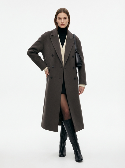 LadyLuxury | Minimalist Architectural Oversized Wool Overcoat - Dark Taupe Double-Breasted Longline Coat