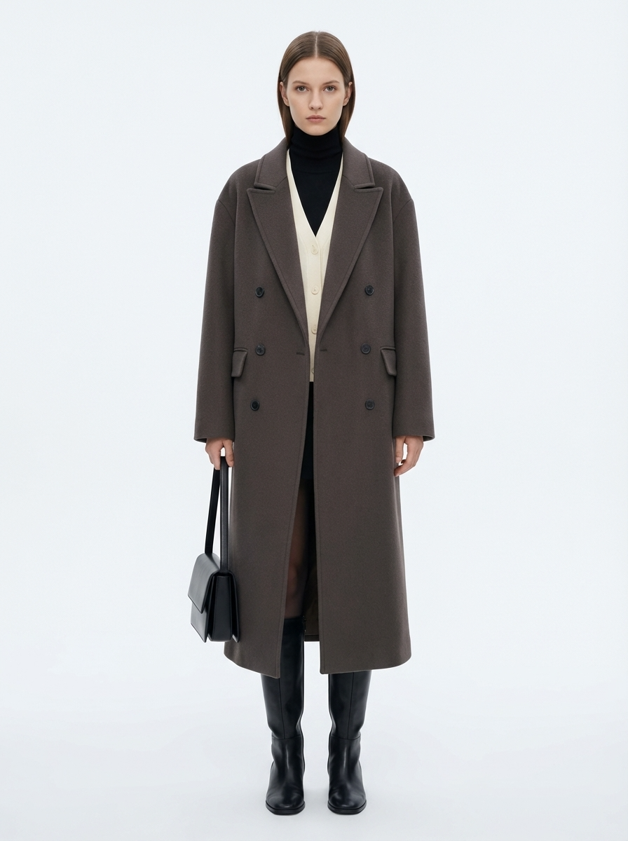 LadyLuxury | Minimalist Architectural Oversized Wool Overcoat - Dark Taupe Double-Breasted Longline Coat