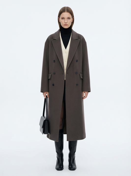 LadyLuxury | Minimalist Architectural Oversized Wool Overcoat - Dark Taupe Double-Breasted Longline Coat