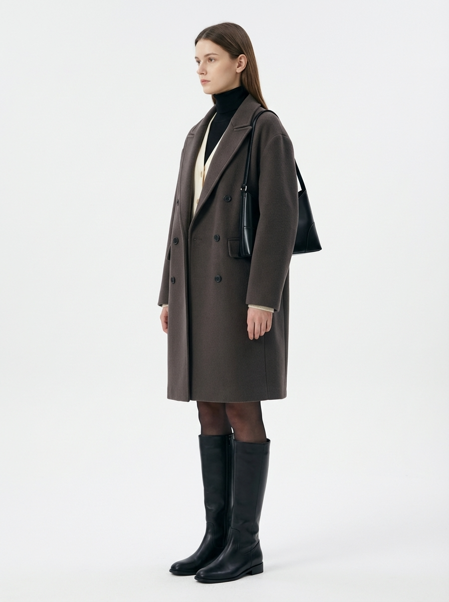 LadyLuxury | Minimalist Architectural Oversized Wool Overcoat - Dark Taupe Double-Breasted Longline Coat