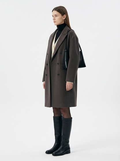 LadyLuxury | Minimalist Architectural Oversized Wool Overcoat - Dark Taupe Double-Breasted Longline Coat