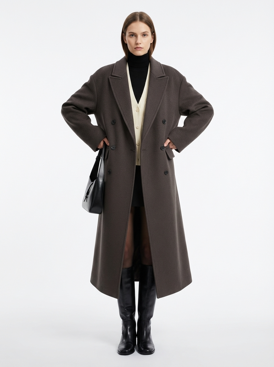 LadyLuxury | Minimalist Architectural Oversized Wool Overcoat - Dark Taupe Double-Breasted Longline Coat