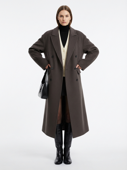 LadyLuxury | Minimalist Architectural Oversized Wool Overcoat - Dark Taupe Double-Breasted Longline Coat