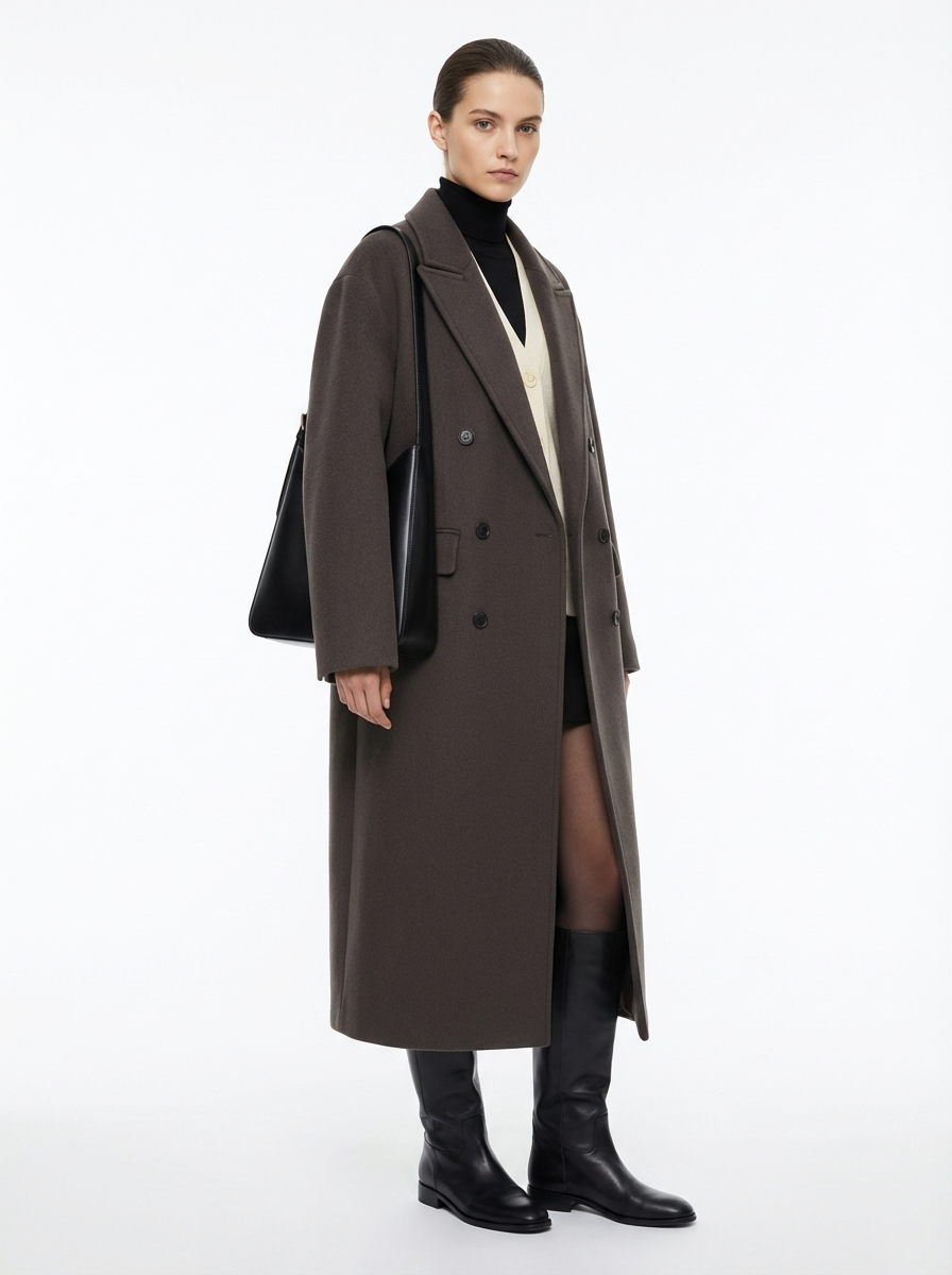 LadyLuxury | Minimalist Architectural Oversized Wool Overcoat - Dark Taupe Double-Breasted Longline Coat