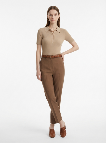 LadyLuxury | Ribbed Knit Short Sleeve Polo - Minimalist Cropped Top