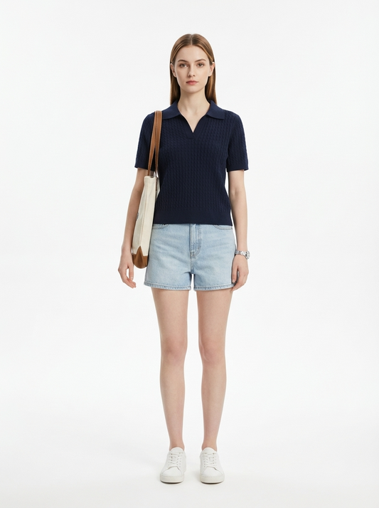 LadyLuxury | Women's Cable-Knit Short Sleeve Polo Sweater - Old Money Aesthetic