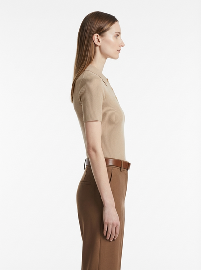 LadyLuxury | Ribbed Knit Short Sleeve Polo - Minimalist Cropped Top