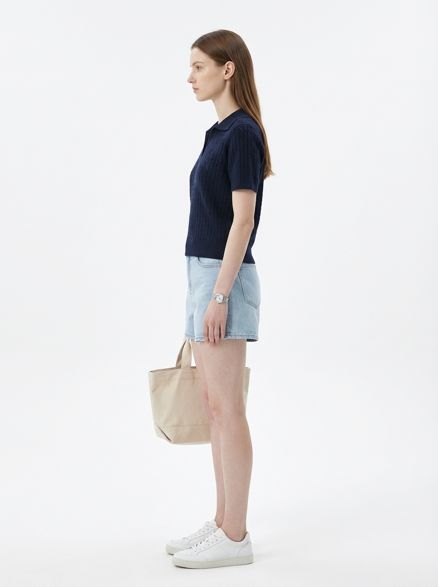 LadyLuxury | Women's Cable-Knit Short Sleeve Polo Sweater - Old Money Aesthetic