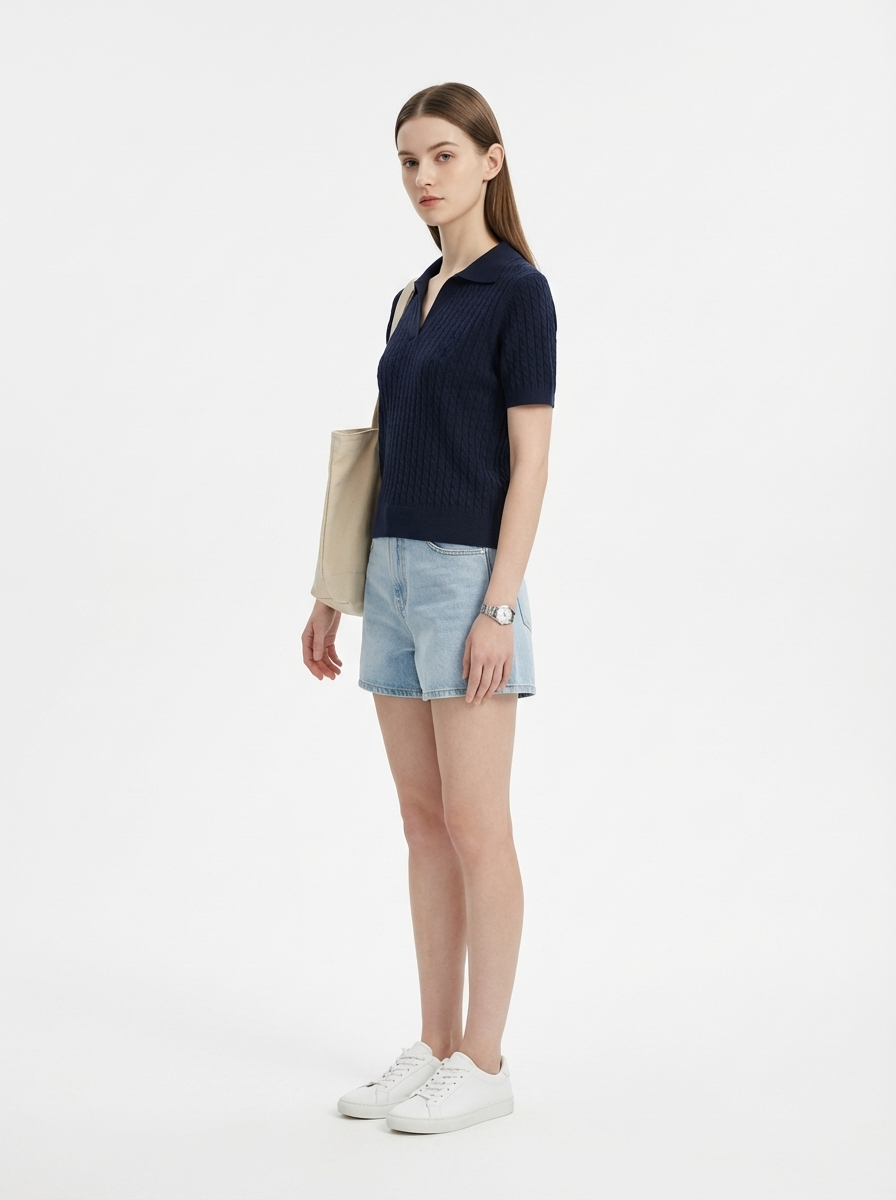 LadyLuxury | Women's Cable-Knit Short Sleeve Polo Sweater - Old Money Aesthetic