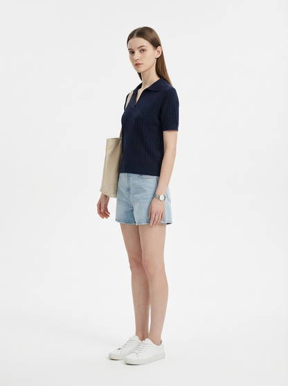 LadyLuxury | Women's Cable-Knit Short Sleeve Polo Sweater - Old Money Aesthetic