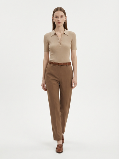 LadyLuxury | Ribbed Knit Short Sleeve Polo - Minimalist Cropped Top
