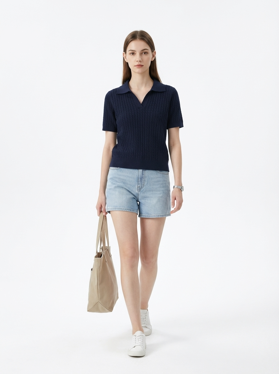 LadyLuxury | Women's Cable-Knit Short Sleeve Polo Sweater - Old Money Aesthetic