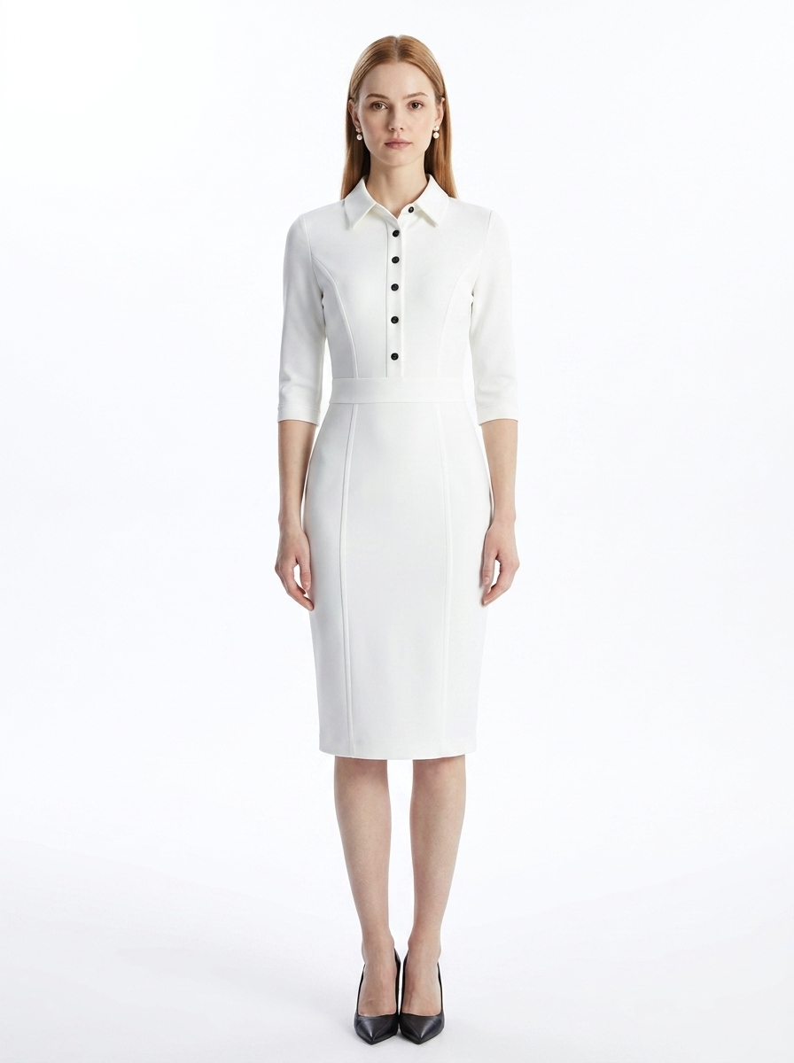 LadyLuxury | Elegant Waist-Cinching Midi Dress - Long Sleeve Minimalist Bodycon for Office & Evening