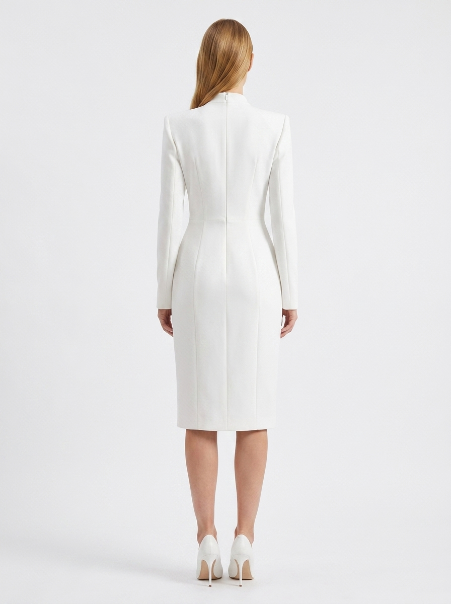 LadyLuxury | Architectural Minimalist Midi Dress - Structured White Formal Gown with Pockets