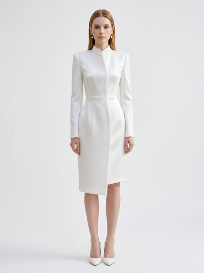 LadyLuxury | Architectural Minimalist Midi Dress - Structured White Formal Gown with Pockets