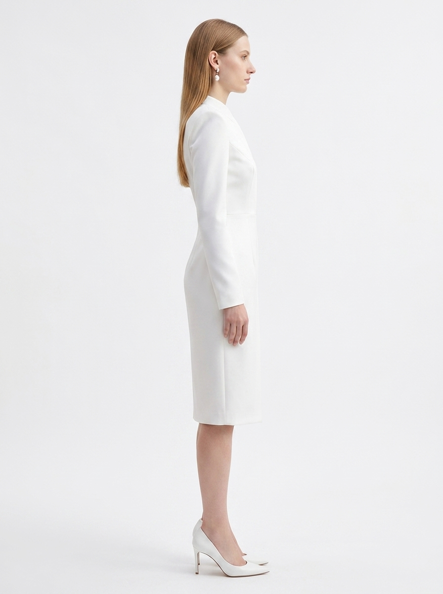 LadyLuxury | Architectural Minimalist Midi Dress - Structured White Formal Gown with Pockets