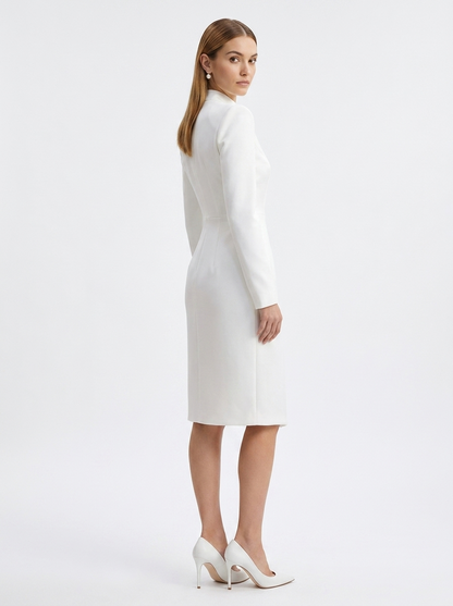 LadyLuxury | Architectural Minimalist Midi Dress - Structured White Formal Gown with Pockets