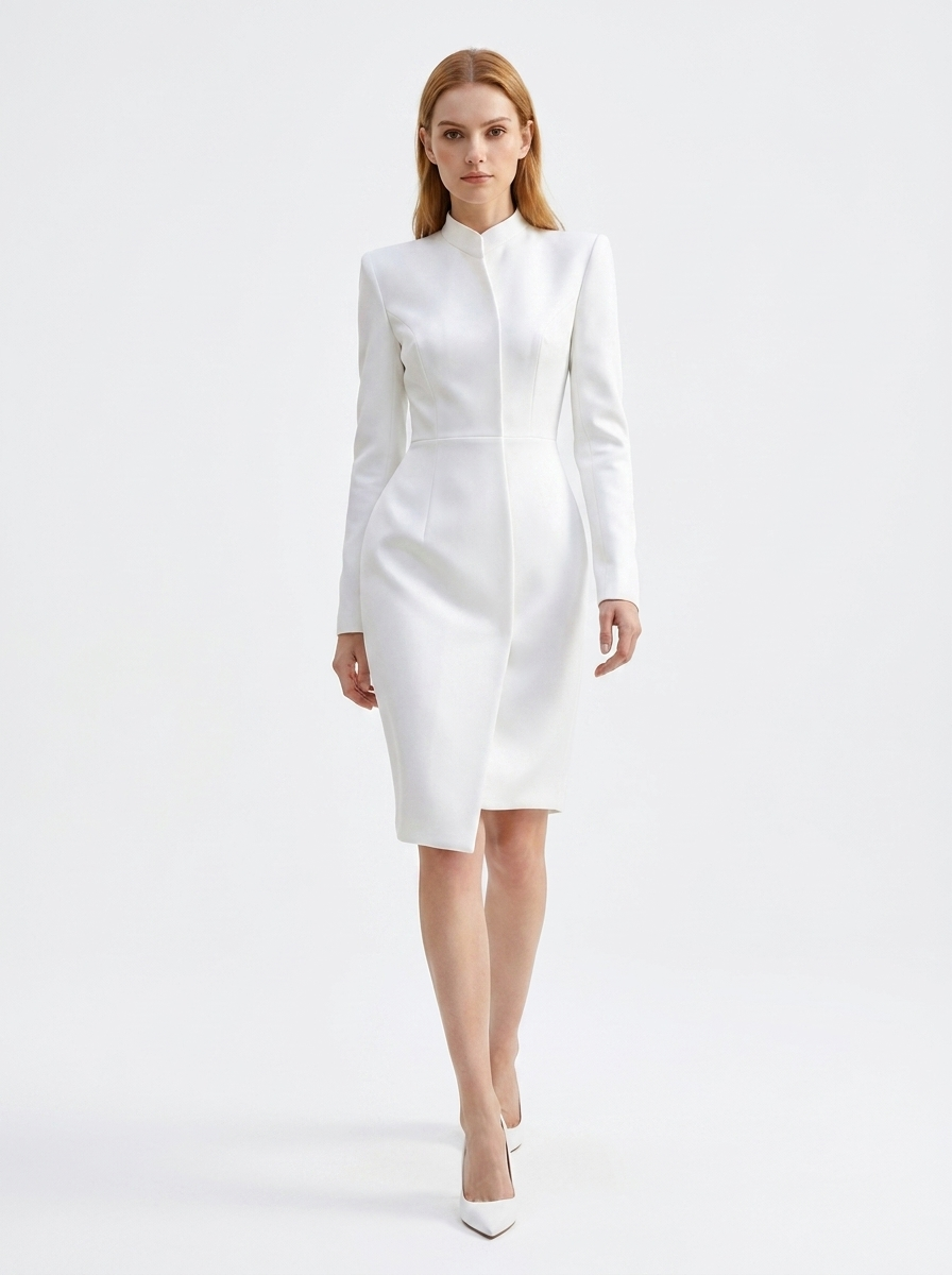 LadyLuxury | Architectural Minimalist Midi Dress - Structured White Formal Gown with Pockets