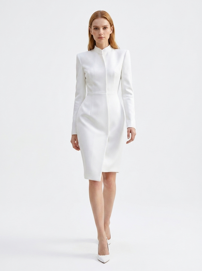 LadyLuxury | Architectural Minimalist Midi Dress - Structured White Formal Gown with Pockets