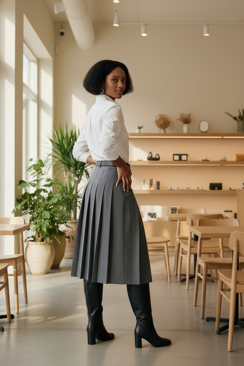 Woman standing in a modern cafe with plants and wooden furniture.