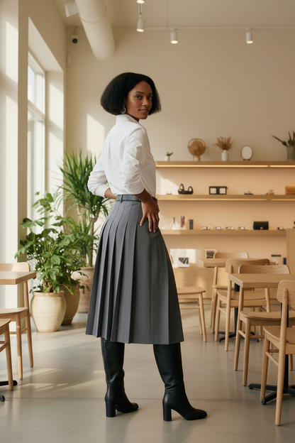 Woman standing in a modern cafe with plants and wooden furniture.