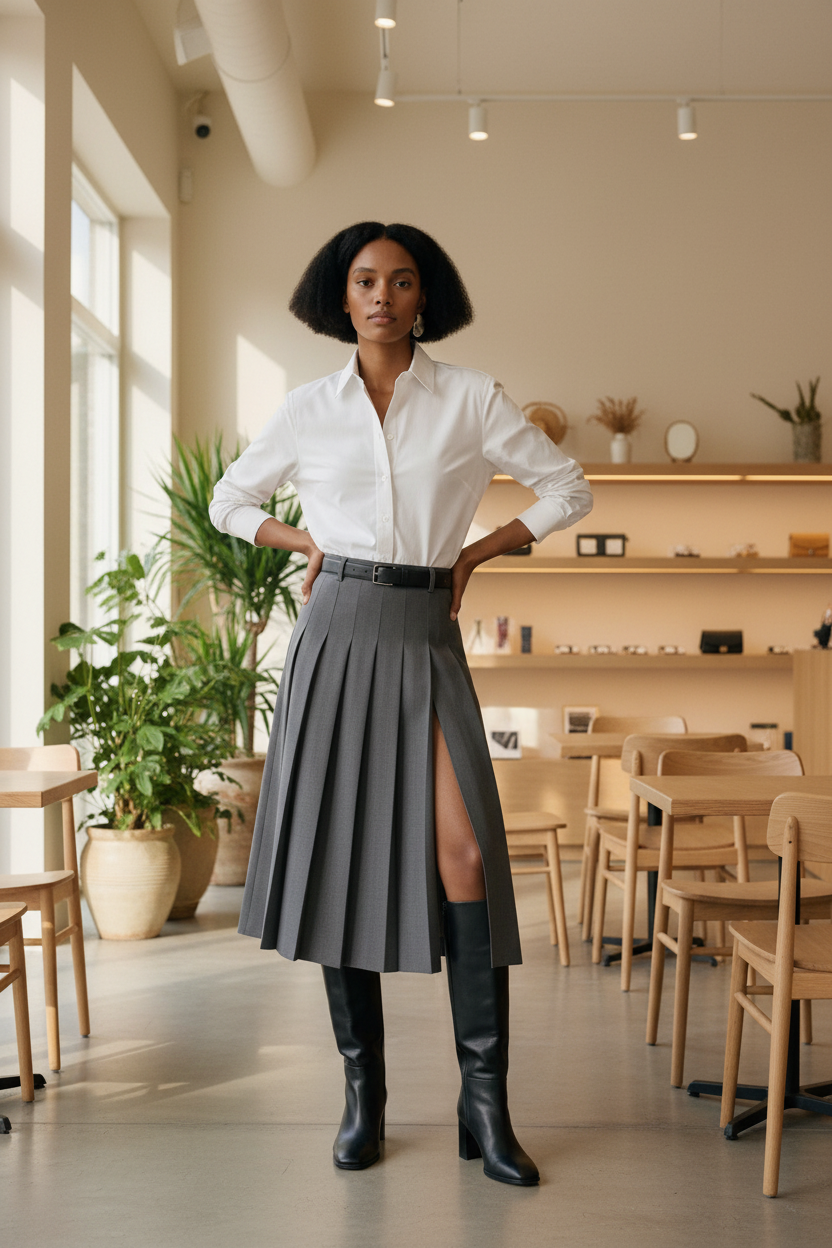 Woman in a white shirt and gray skirt standing in a modern cafe.