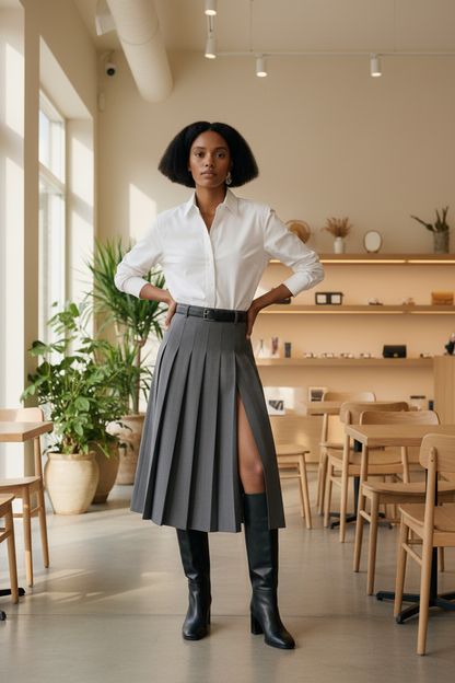 Woman in a white shirt and gray skirt standing in a modern cafe.