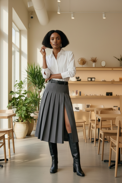 Woman in a white shirt and gray skirt standing in a modern cafe.