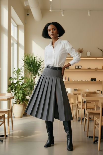 Woman in a white shirt and gray pleated skirt standing in a modern cafe.