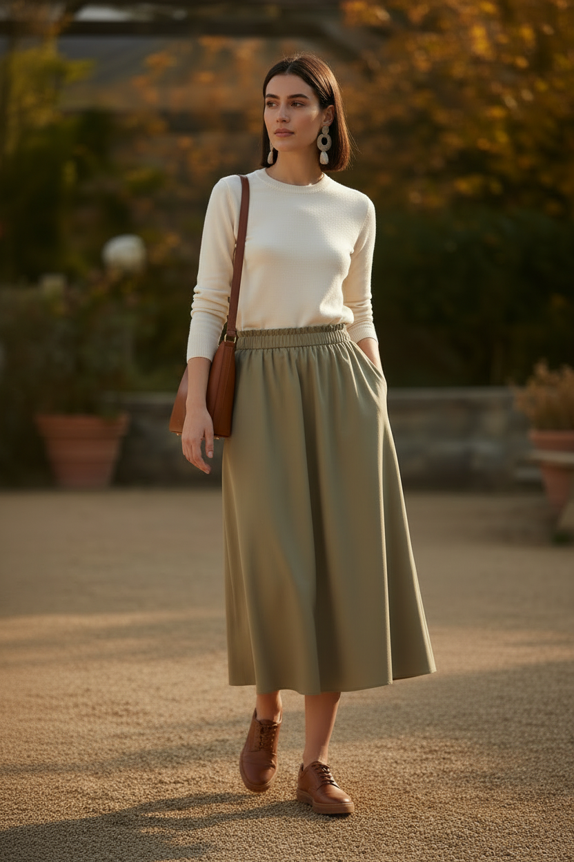 Woman in a white top and green skirt standing outdoors with a blurred background