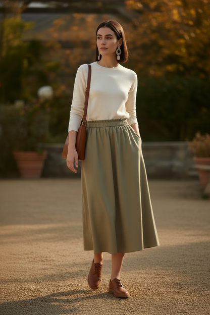 Woman in a white top and green skirt standing outdoors with a blurred background