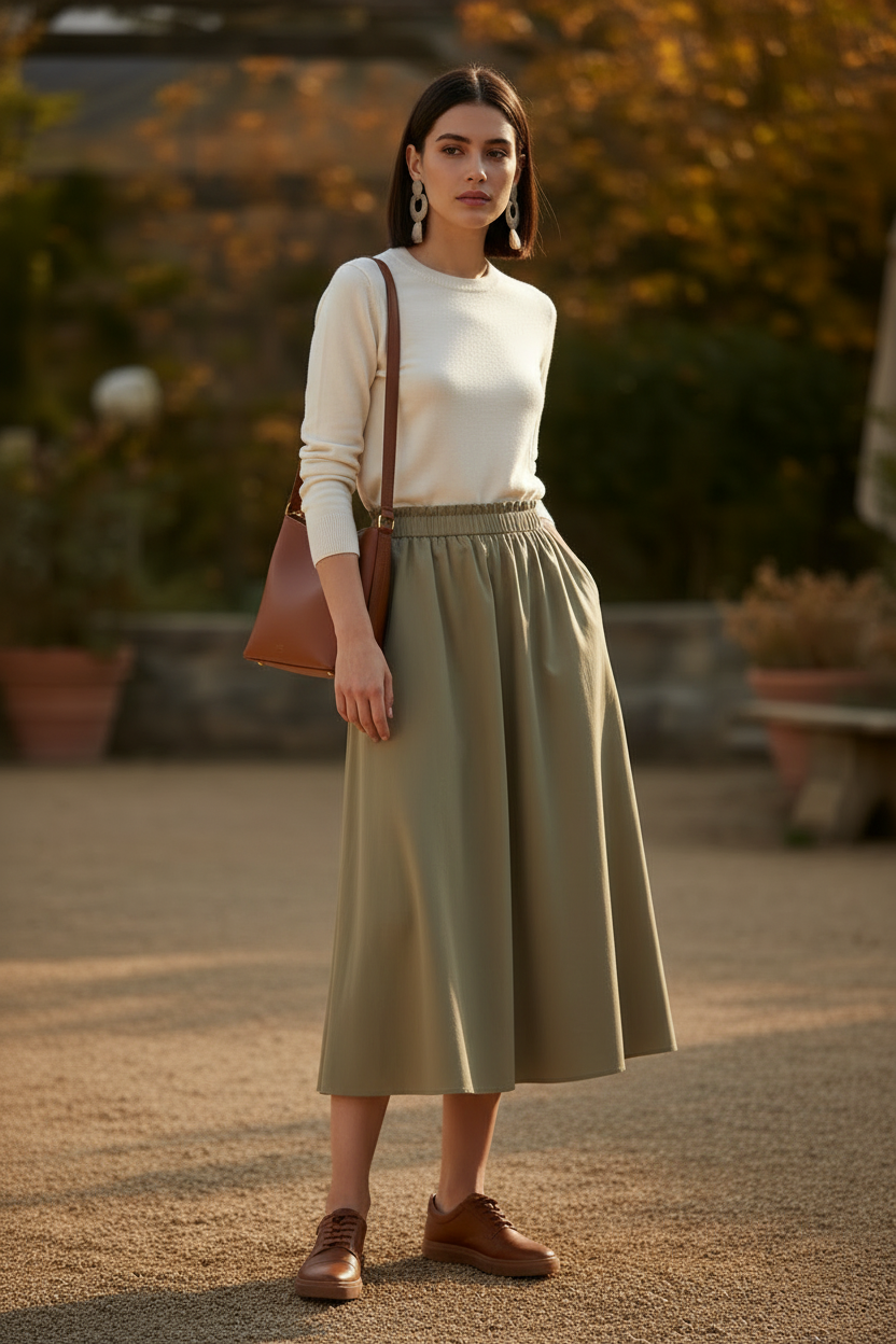Woman in a white sweater and green skirt standing outdoors with blurred background