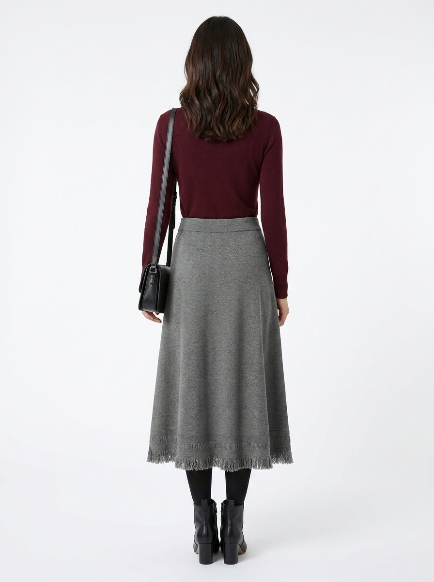 LadyLuxury | Winter Minimalist Knitted A-Line Long Skirt with Tassel Detail
